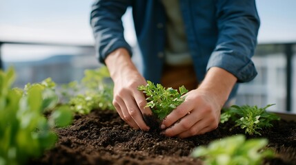 Parent guiding child in planting seeds on green balcony garden — early eco-education and sustainable home-grown living. cinematic color correction, natural uneven lighting yet gentle backlight,