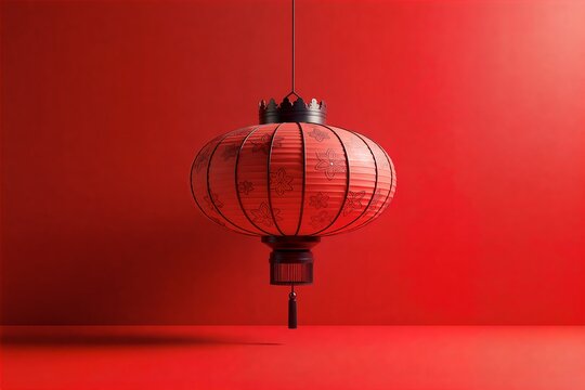 Red lantern hangs suspended against vibrant red background, minimalist design evokes festive Chinese New Year ambiance.
