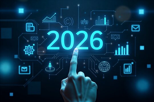 Hand interacts with futuristic hologram displaying "2026" amidst data charts and tech icons, symbolizing digital innovation's future.