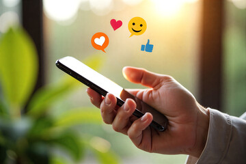 Hand holds smartphone, floating social media icons: smiley, like, video, heart. Bright background suggests digital connection and engagement.
