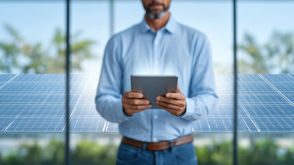 Solar panel technician tablet energy monitoring professional inspecting photovoltaic array with sunlight