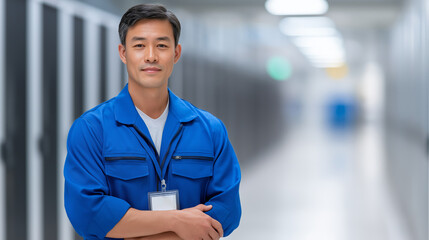 Asian it professional in a blue uniform standing with folded arms in a modern server room, representing digital infrastructure management and expertise