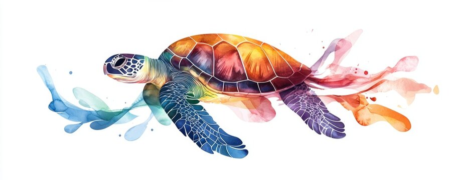 Endangered Beauty: Watercolor Sea Turtle with Microplastic Debris - Environmental Crisis Awareness Clipart Illustration on White Background - Powered by Adobe