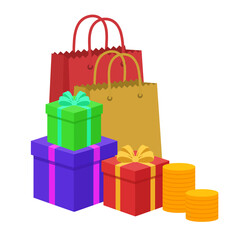 Colorful gifts, shopping bags and coins stack for festival celebration 