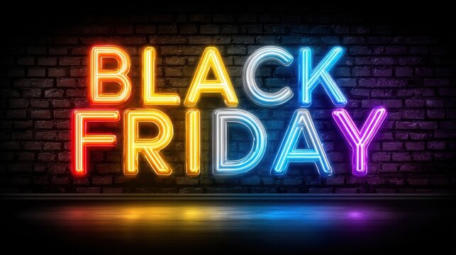 Black Friday Neon Sign: An illuminating neon sign reading BLACK FRIDAY against a dark backdrop, exuding a sense of excitement and anticipation for the shopping event.
