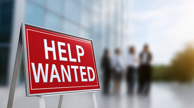 Help wanted sign displaying prominent text on a red background, symbolizing job searching, hiring processes, career opportunities, and the need for new staff