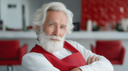 Senior man with white hair and beard posing confidently in a barber shop wearing a red apron, portraying a cheerful and skilled professional or santa claus character