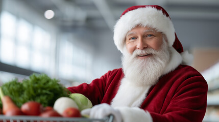 Santa claus smiling and pushing a shopping cart filled with fresh vegetables and groceries, bringing cheer to the christmas holiday season in a supermarket