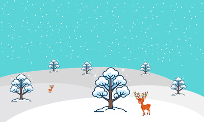 Winter Wonderland Landscape with Pixelated Deer and Snowfall, a charming and festive scene perfect for holiday greetings and winter-themed designs
