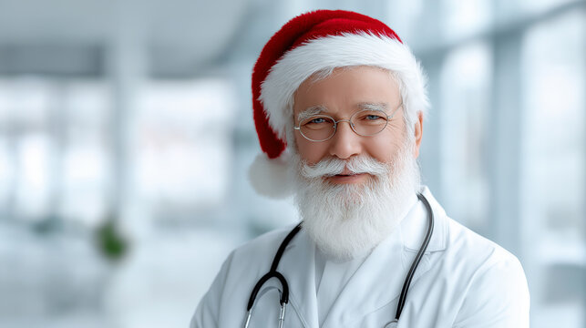 Senior male doctor wearing a santa hat and stethoscope, smiling and looking at the camera, symbolizing holiday healthcare and well being during christmas season