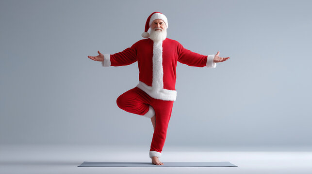 Santa claus balancing in a tree pose on a yoga mat, practicing fitness and well being during christmas holiday, doing healthy exercise