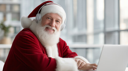 Santa claus is wearing headphones and using a laptop, illustrating a modern approach to managing christmas tasks and staying connected during the holiday season in a contemporary setting