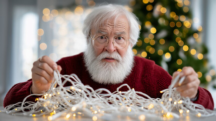 Santa claus or senior man with white beard and glasses having trouble untangling a mess of christmas led lights, showing frustration during holiday preparation