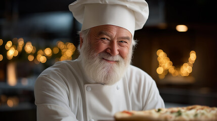 Senior chef with long white beard and chef hat smiling, presenting homemade pizza with warm bokeh background, celebrating joy and hospitality in a restaurant kitchen environment