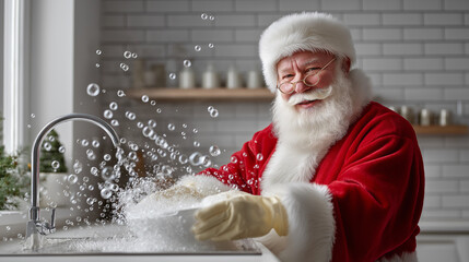 Santa claus smiling and playfully washing christmas dishes with rubber gloves in a modern kitchen, surrounded by splashing water and soap bubbles