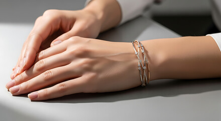 Obraz premium Elegant woman's hands adorned with delicate rose gold bracelets resting on a modern surface.