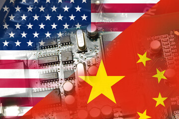 Flag of the Republic of China and the United States with microchips. Concept for world supremacy in microchip and semiconductor manufacturing.