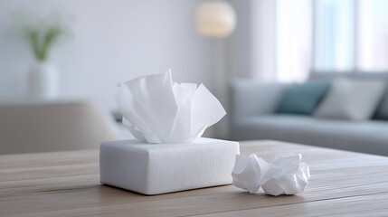 Tissue box on a living room table, providing relief for cold and flu symptoms, allergies or emotional distress, with a crumpled tissue nearby