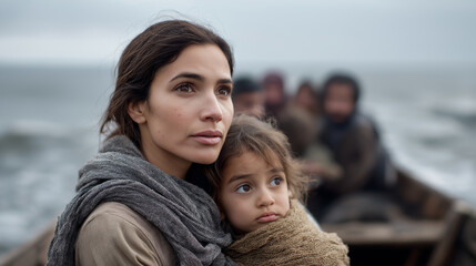 Refugee mother holding her child, seeking safety and hope while embarking on a dangerous sea journey across rough waters with other displaced people in a small boat
