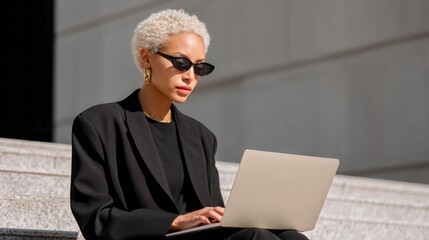Focused and stylish businesswoman types on a laptop while seated on steps outside. She enjoys the fresh air and city ambiance, fully engaged in her work
