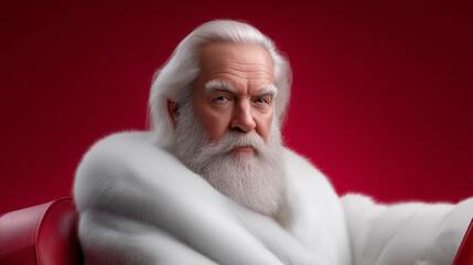 Santa claus with impressive white beard and hair posing while wearing a white fur coat against a vibrant red background, embodying the spirit of christmas and winter holidays