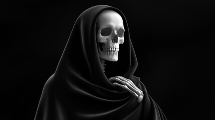 Grim reaper standing with a black hood and robe, personifying death and mortality against a dark background, representing halloween, fear, and fantasy concepts