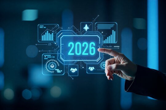 Hand interacts with futuristic hologram displaying "2026" amidst data charts and tech icons, symbolizing digital innovation's future.