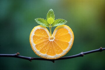 Sliced lemon perched on branch, topped with fresh green leaves against soft blurred forest background. Bright, vibrant, natural.
