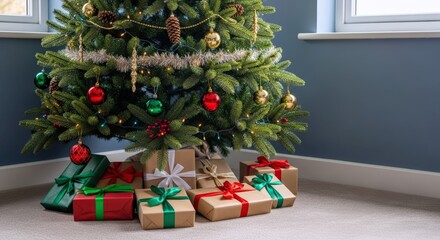 Beautifully decorated Christmas tree adorned with traditional ornaments and twinkling lights, surrounded by festive gifts wrapped in colorful ribbons, evoking holiday cheer