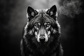 Black wolf stares intently, fur detailed in grayscale. Misty background enhances its fierce, mysterious presence.