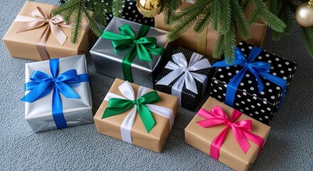 Beautifully wrapped holiday gifts with colorful ribbons and bows rest beneath a lush Christmas tree, evoking festive joy and seasonal celebration