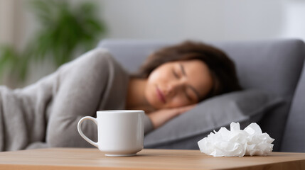 Young woman sleeping on sofa, recovering from illness with hot drink and tissues nearby, focusing on rest and health during flu or cold season at home