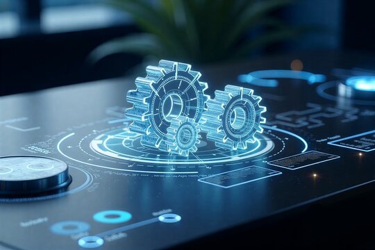 Futuristic holographic gears spinning on glowing interface, symbolizing seamless tech integration and advanced automation in digital workspace.