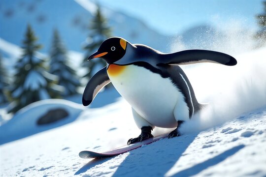 Penguin snowboards down snowy slope, flapping wings, bright sunlight, pine trees backdrop. Fun winter adventure in Antarctic landscape.