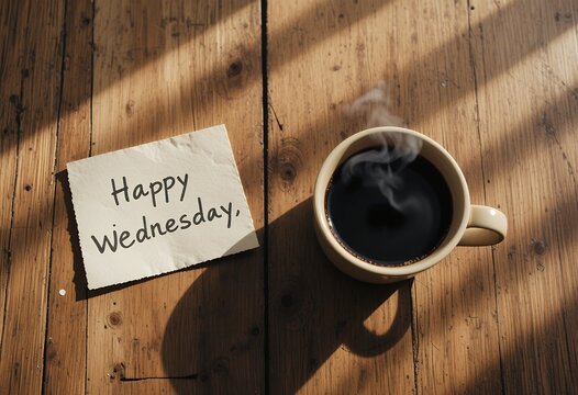 Steaming cup of black coffee beside a handwritten note saying happy wednesday on rustic wooden