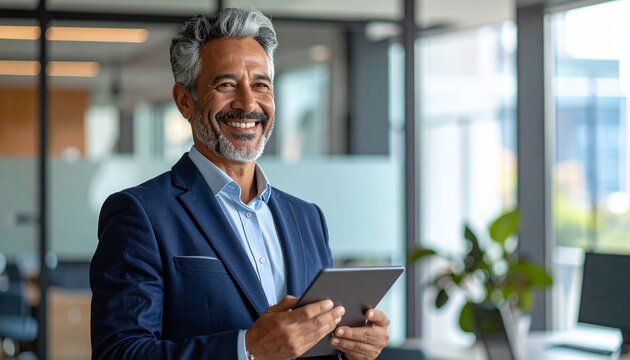 Mature 50s business manager using touchscreen tablet while working indoors