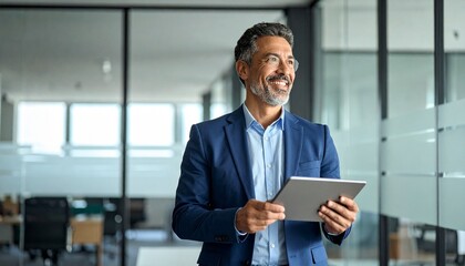Smiling senior businessman entrepreneur working on touchscreen computer device. Dreaming mature 50s Latin ceo business man ceo manager using tablet pad computer in office, looking at copy space