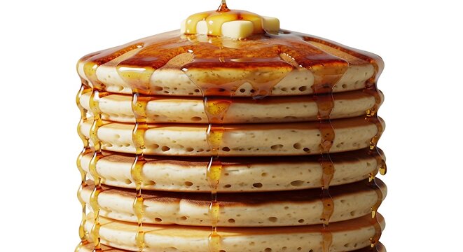 Stack of fluffy pancakes with butter and syrup breakfast treat isolated on white background