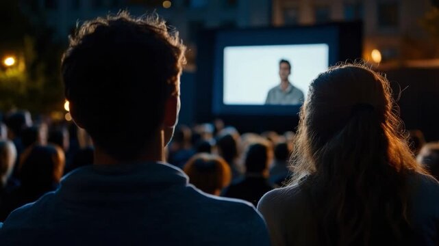 Outdoor Cinema Experience: Capturing a couple's shared moment, engrossed in an outdoor cinema, surrounded by a captivated audience, a screen displays a captivating image.
