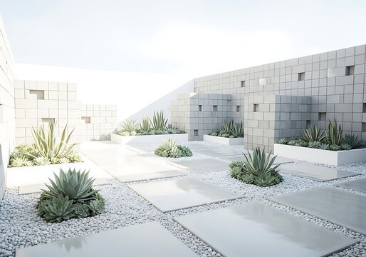 Modern minimalist courtyard with concrete and succulent plants