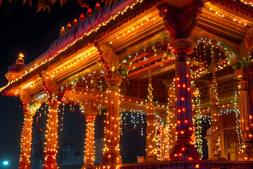 Ornate Pavilion Aglow: Festive Illumination with String Lights and Architectural Detail