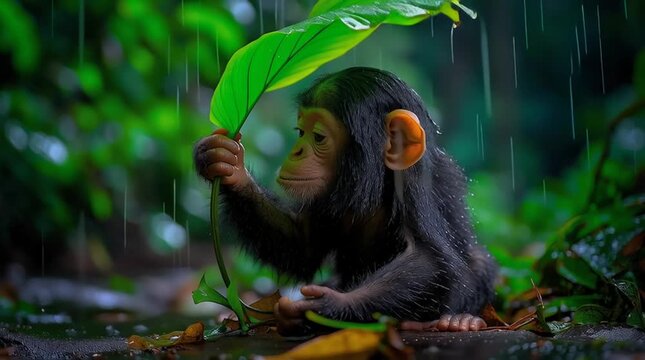 AI generator images of The orangutan picked up a taro leaf and placed it on its head to shield itself from the rain.