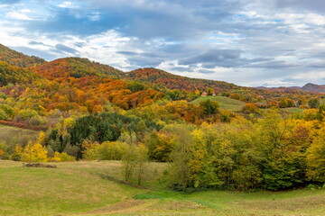 Vibrant autumn mountain landscape with colorful forests and fields