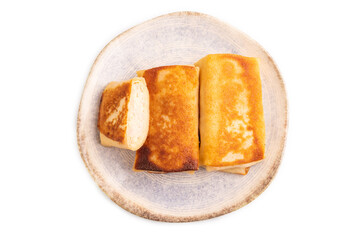 Fried crispy pancakes with meat and cheese isolated on white. side view, copy space