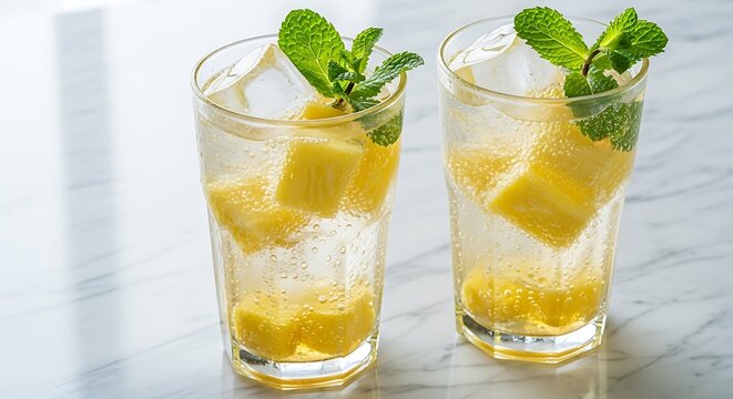 Refreshing Pineapple Mojitos with Mint Garnish on Marble Surface. - Powered by Adobe