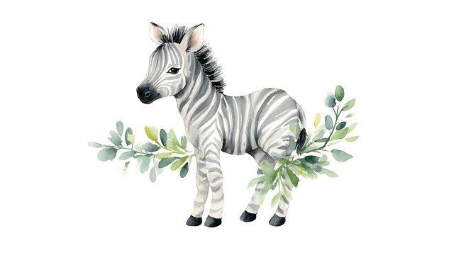 Watercolor zebra foal with eucalyptus isolated on white background - Powered by Adobe