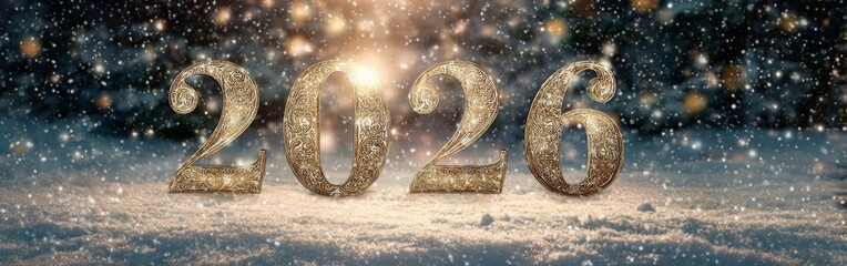 Golden numbers representing 2026 stand out against a snowy background with soft snowfall. The scene captures a festive mood, inviting new beginnings and celebration