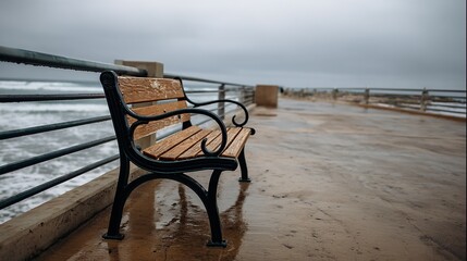 Pneumatic bench with black steel frame and wood slats, product shot overlooking ocean on sunny day, blending outdoor furniture functionality with coastal scenic beauty for promotional use.