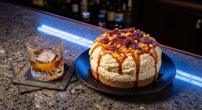 Peanut butter cheesecake decadent round cheesecake topped with caramel and nuts, served on a dark plate next to a glass of whiskey on a bar counter, creating a rich and indulgent atmosphere