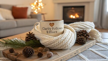 A cozy mug with a quote and knitted scarf in a warm living room